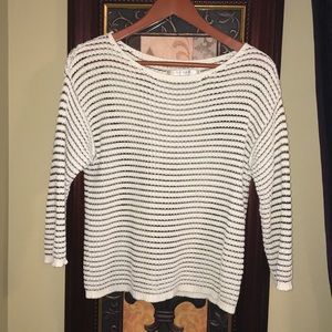 White & Black Striped 3/4 Sleeve Sweater